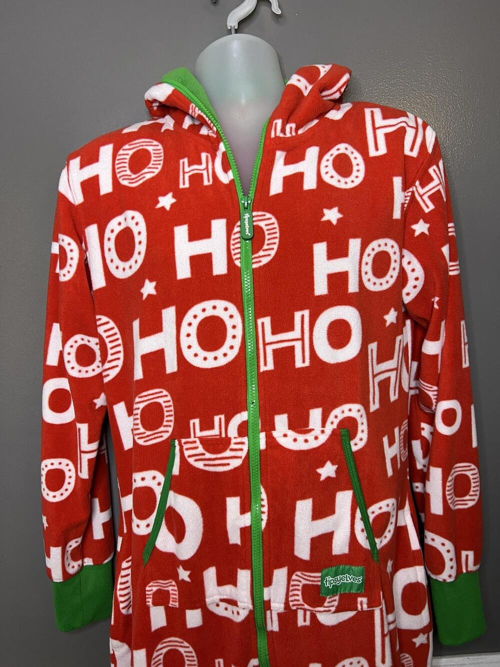Tipsy Elves One-piece Pajama Mens Medium Red Ho Ho Fleece Hooded Christmas Suit